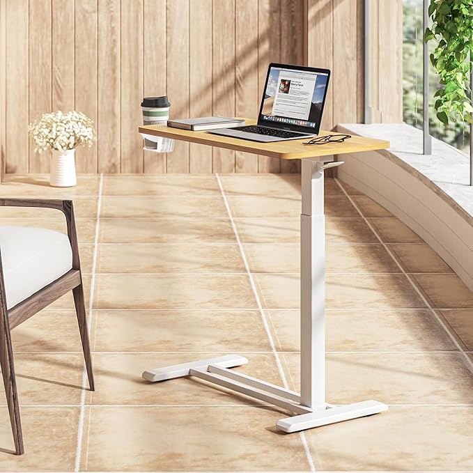 SANODESK Medical Adjustable Overbed Bedside Table with Casters 90° Tilt Top Pneumatic Mobile Rolling Laptop Computer Standing Desk Cart with Tray, Hospital and Home Use(27.6" W x 15.7" D, Maple)