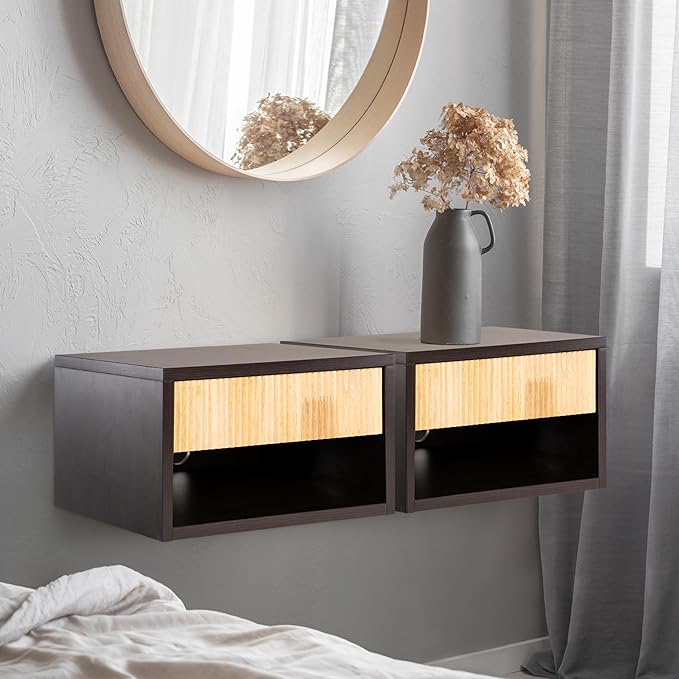 JONATHAN Y NST2001A Elise 15.71" Classic Contemporary Floating Wall Mounted Nightstand with Soft-Close Tambour Drawer and Cable Hole, Black/Light Oak