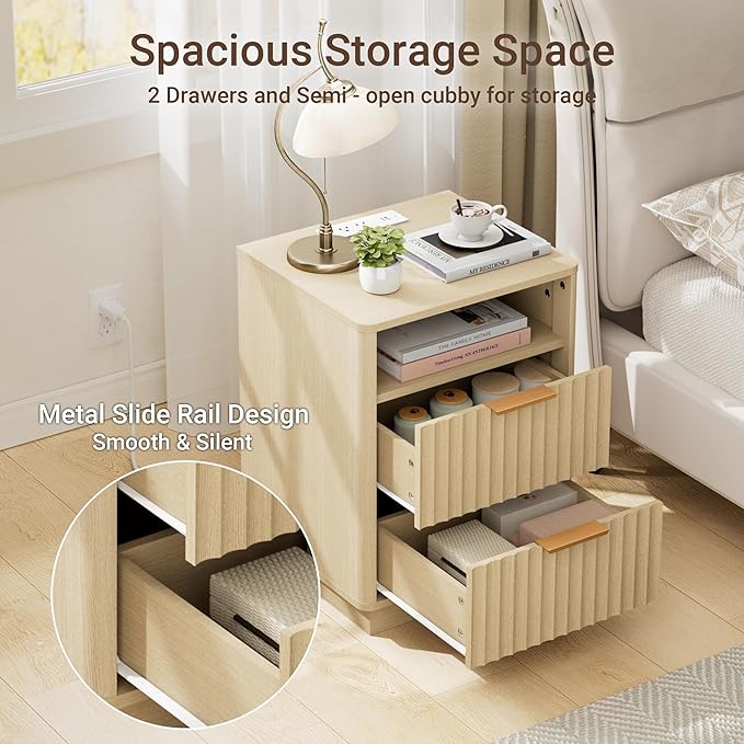 Fluted Nightstand with Charging Station, 18" Mid-Century Modern Night Stand, 2 Drawers End Table with Storage, Bedside Table for Bedroom Sofa Home Office, Curved Profile (Natural Oak)
