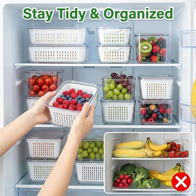5 PCS Fruit Storage Containers for Fridge, Leakproof Produce Containers for Fridge with Removable Colander, All-In-One Fruit Containers Stainers Berry, Fruits, Vegetables, Salad Keeper Local Stock