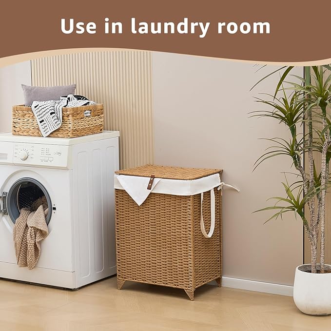 Laundry Hamper with Lid and Removable Liner Bag, Handwoven Rattan Clothes Hamper with Heightened Feet, Wicker Laundry Basket for Clothes and Towels，Middle