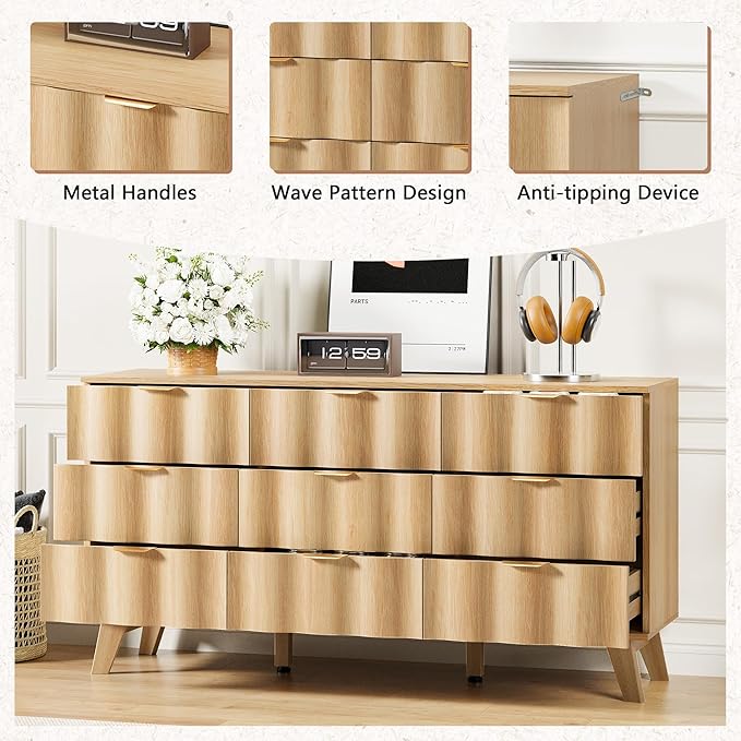 9 Drawer Dresser, Modern Fluted Storage Dresser with Deep Drawers and Metal Handles, Wood Chest of Drawers Storage Organizer for Bedroom, Living Room, Hallway (Natural)