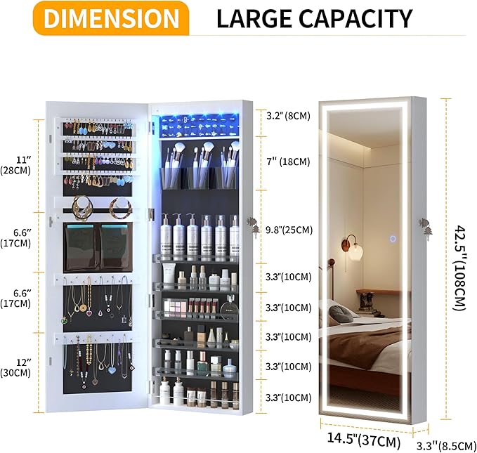 LVSOMT LED Mirror Jewelry Cabinet, Wall/Door Mount Jewelry Armoire Organizer with Lights, Full Length Mirror with Jewelry Storage, Over the Door Hanging Jewelry Cabinet (White)