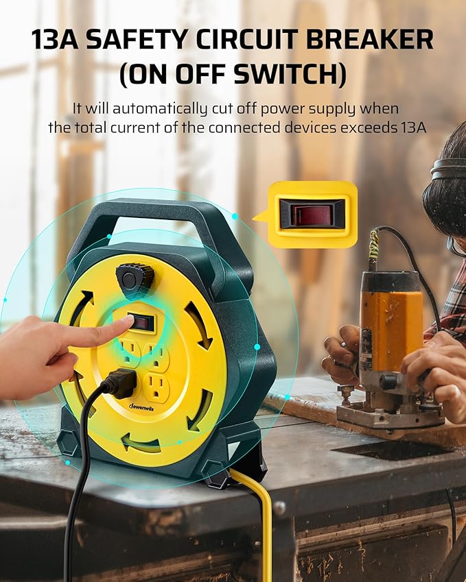 DEWENWILS Extension Cord Reel with 25 FT Power Cord, Hand Wind Retractable, 16/3 AWG SJTW, 4 Grounded Outlets, 13 Amp Circuit Breaker, Yellow, Yellow Cord, UL Listed
