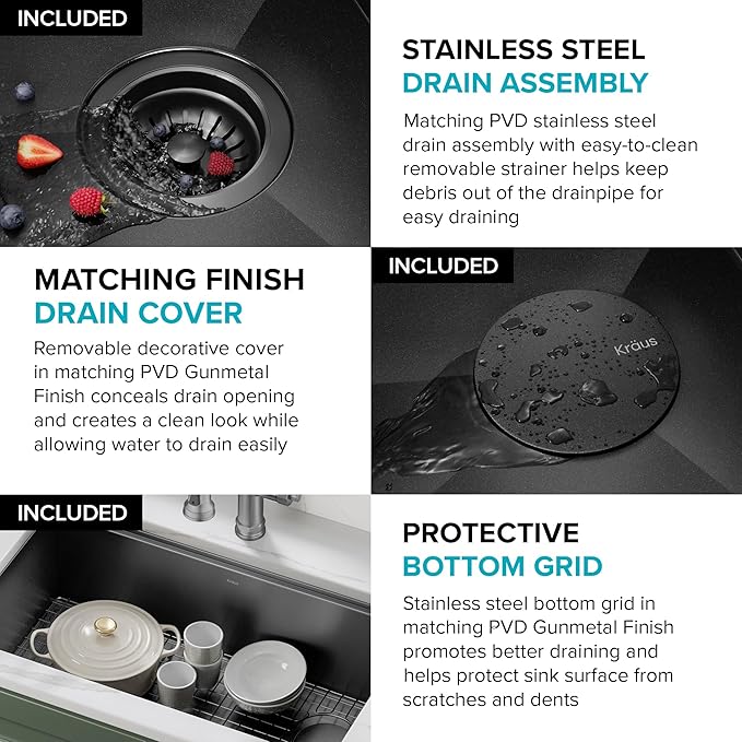 KRAUS Kore Workstation 33-inch Farmhouse Modern Flat Apron Front 16 Gauge Black Stainless Steel Single Bowl Kitchen Sink in PVD Gunmetal Finish with Accessories, KWF410-33/PGM