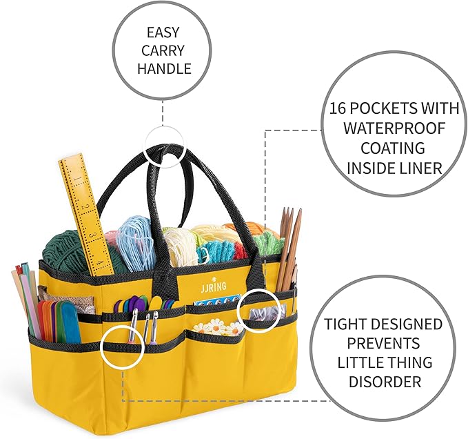 JJRING Craft and Art Tote - 600D Yellow Nylon Fabric Art Sewing Organizer Bag with Pockets - for Craft, Scrapbooking, Medical, and Office Supplies Storage