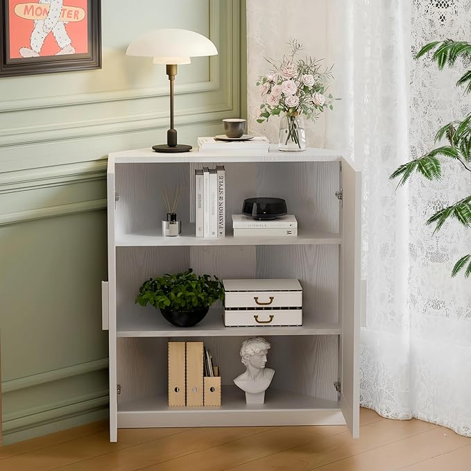 Casaphoria Farmhouse Corner Cabinet, Wooden Corner Storage Cabinet with Adjustable Shelves, Narrow Storage Organizer for Small Space, 36" H x 31" W x 16" D, 51Lb, White