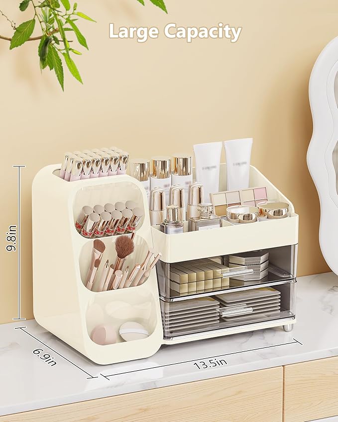Makeup Organizer with Drawers, Skincare Organizer (Large Size Thick), Storage Box Cosmetic Display Cases, Make up Organizers for Vanity, Dresser, Desk, Kitchen, Countertop (cream)