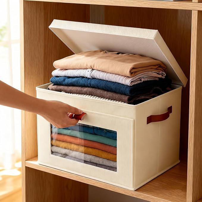 2-Pack Large Storage Bins with Lids,Stackable&Collapsible Closet Storage Bins,Oxford Fabric Organizer Box with Clear Window,Large Decorative Storage Boxes for Closet,Dorm16.5"x11.8"x11"
