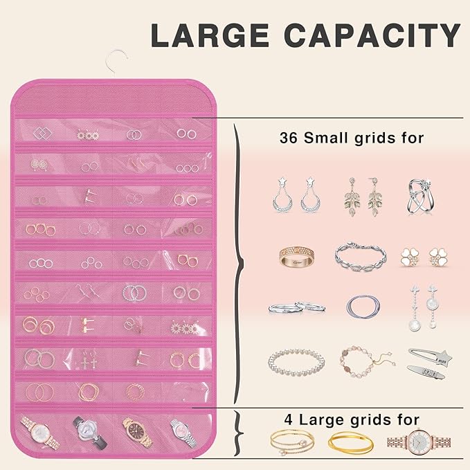Hanging Jewelry Organizer Storage, 40 Pockets 36 Hooks Necklace Earring Necklace Bracelet Ring Organizer, Double - Sided Design, Pink