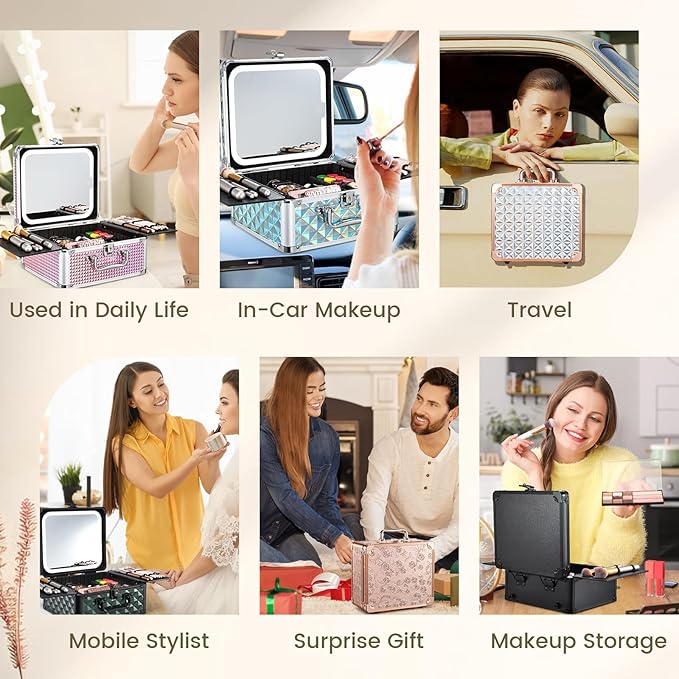 Makeup Case with Magnetic Lighted Mirror Makeup Organizer Box Travel Cosmetic Case with 3 Colors LED Mirror Portable Vanity Make up Suitcase with Lockable Keys Dividers Brush Holder Shiny Pink
