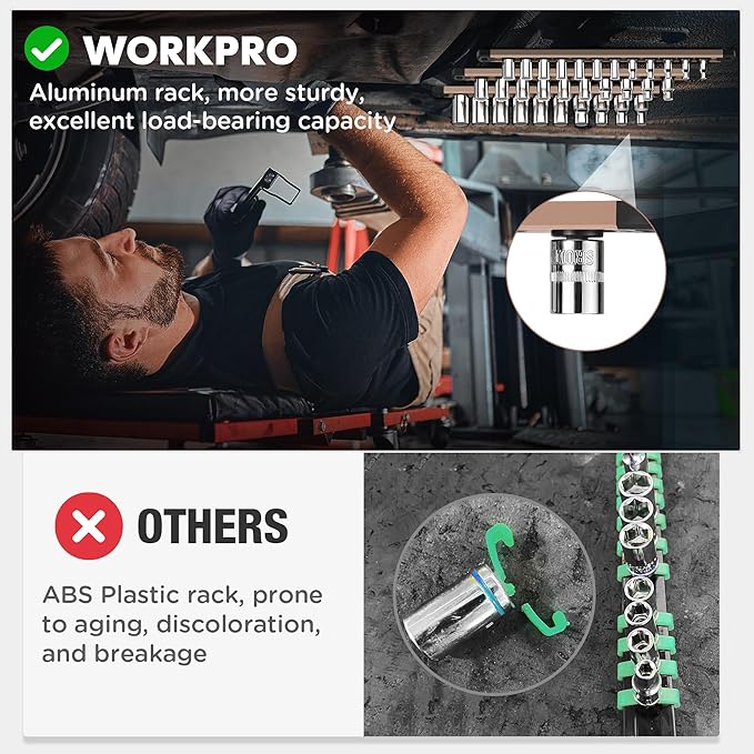 WORKPRO Magnetic Socket Organizer, 3/8-Inch Drive Aluminum Alloy Socket Rail, Heavy Duty Socket Holder, Socket Rack Kit 3/8-Inch x 10 Clips Champagne (Socket not Included)