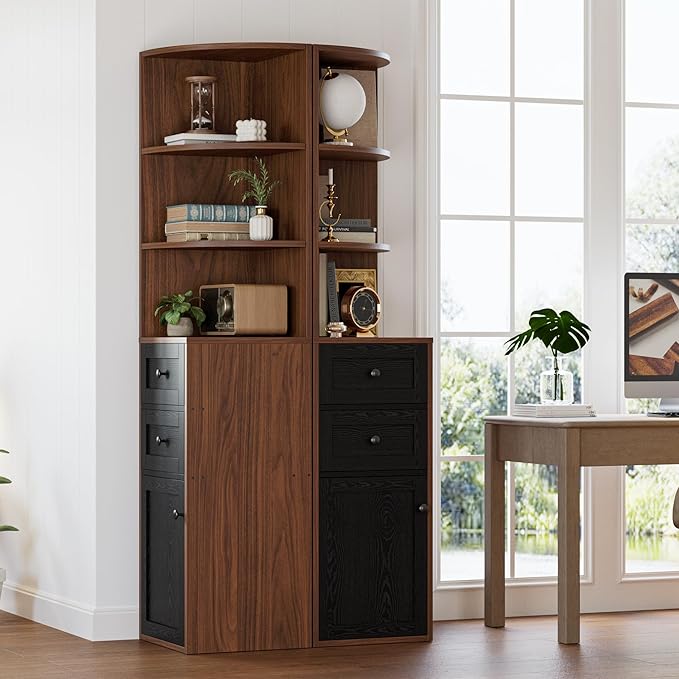 IRONCK Corner Bookshelf and Bookcase, 71" H Wooden Book Shelves 3 Tier with Drawers and Storage Cabinet for Living Room, Office, Bedroom, Brown and Black