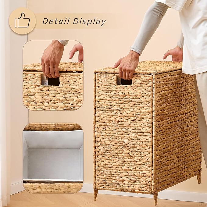 Handwoven Large Laundry Hamper with Lid and 2 Removable Liner Bags, Heightened Feet Natural Hyacinth Clothes Hamper,Wicker Laundry Basket for Clothes and Towels