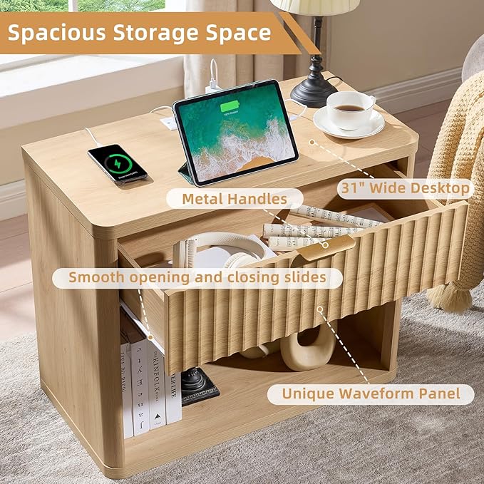 LEYAOYAO 31" Wide Fluted Nightstand Set of 2 with Charging Station, Oversized Extra Large 1 Drawer Night Stand with Golden Handle, Natural Wood Bedside Table Tall End Tables,for Bedroom, Living Room