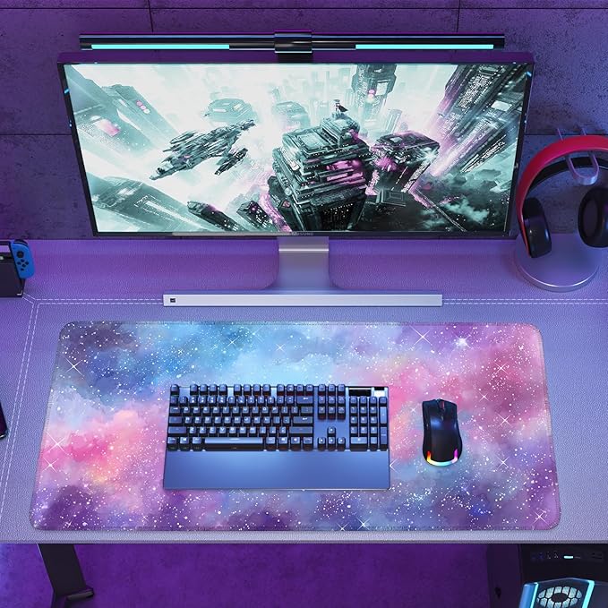 Galaxy Mouse Pad Large, Extended Gaming Desk Mat – 335.43 x 15.75 in – Watercolor Nebula Starry Sky Design, Stitched Edges, Non-Slip Base, Keyboard and Mouse Pad for Office & Home