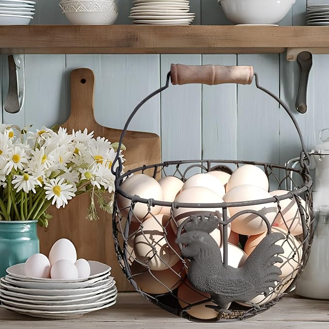LINCOUNTRY. Chicken Wire Egg Basket for Gathering Fresh Eggs with Handle Storage Container Holder, Vintage Rustic Farmhouse Rooste Decor Round Metal Egg Collecting Basket Kitchen Countertop