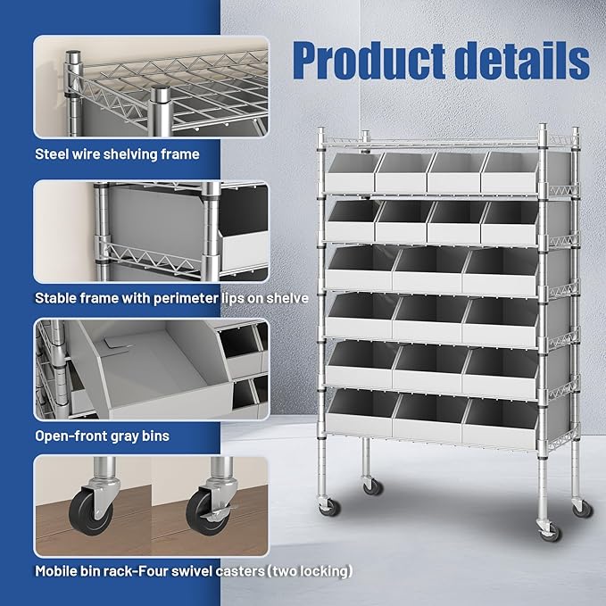 6-Tier Classics Heavy-Duty Bin Rack, Industrial Solid Steel Wire Shelving Storage Unit, Organizer with 20 Bins, Gray, for Garage/Warehouse/Kitchen/Office/Classroom
