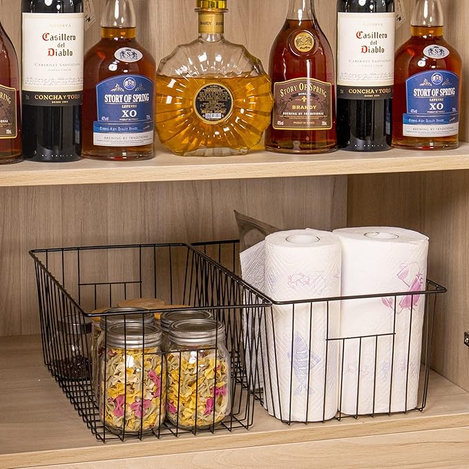 16" L x 12" W Wider Freezer Storage Organizer Baskets Container, Deep Metal Wire Chest Upright Refrigerator Divider with Built-in Handles for Cabinet, Pantry, Closet, Kitchen, Black