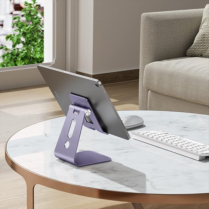 OMOTON Adjustable Tablet Stand for Desk, Upgraded Longer Arms for Greater Stability, T2 Tablet Holder with Hollow Design for Bigger Sized Phones and Tablets Such as iPad Pro/Air/Mini, Purple