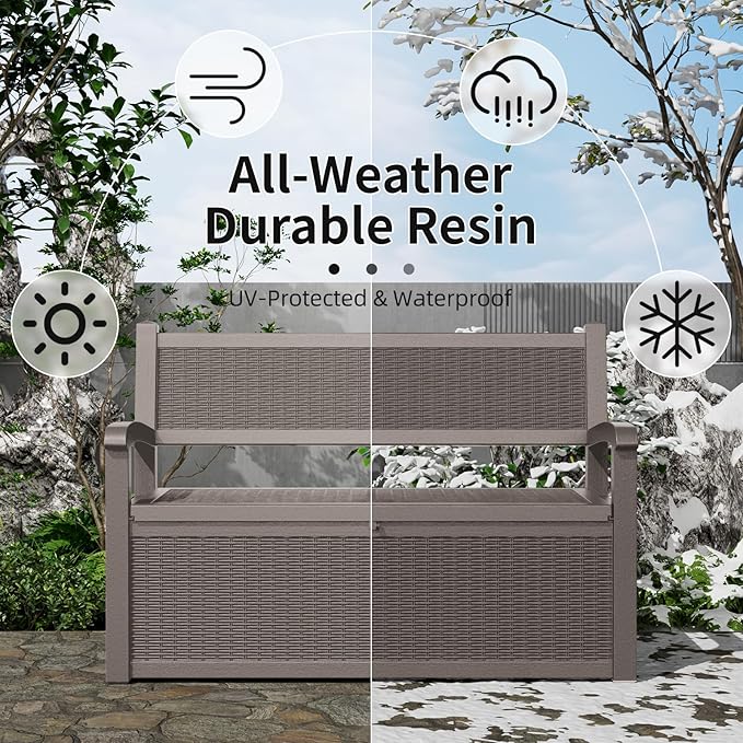 Outdoor Storage Bench - Waterproof Resin Patio Bench, Multi-Functional Patio Bench with Storage for Garden, Deck, or Entryway