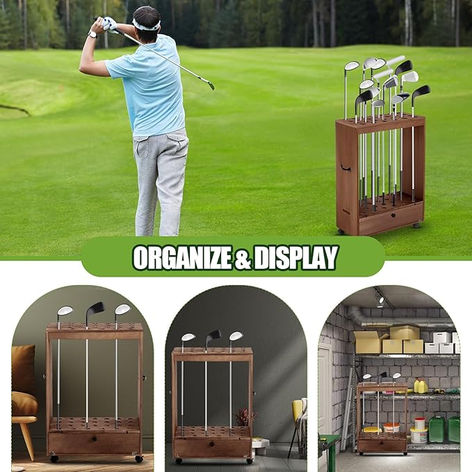 27 Hole Golf Club Stand Holder Wooden Golf Club Organizer Putter Display Rack with Storage Drawer and Wheel for Indoor Home Office Simulator Garage