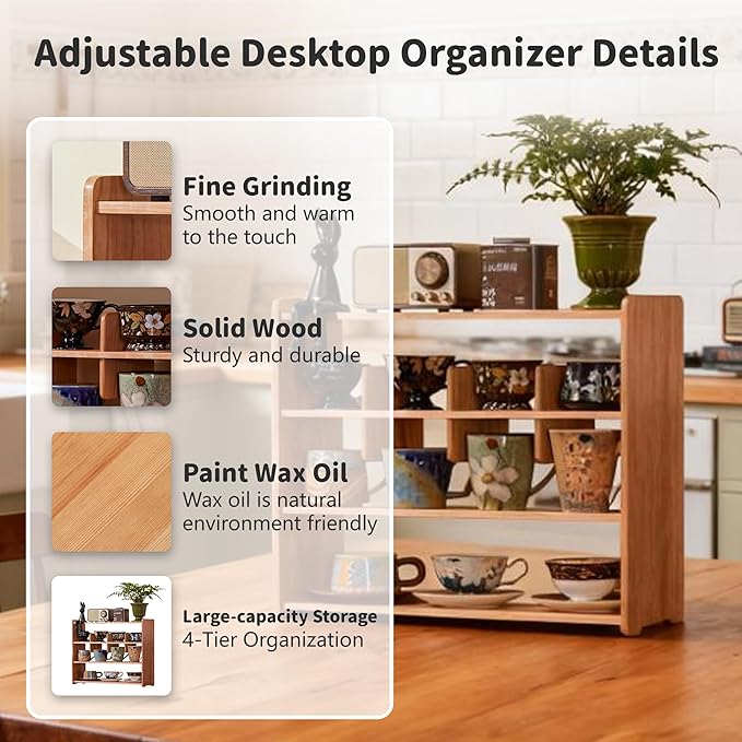 Coffee Cup Holder for Countertop Walnut Wood Coffee Mugs Holder for Kitchen Mug Display Rack (4-Tier wood A)