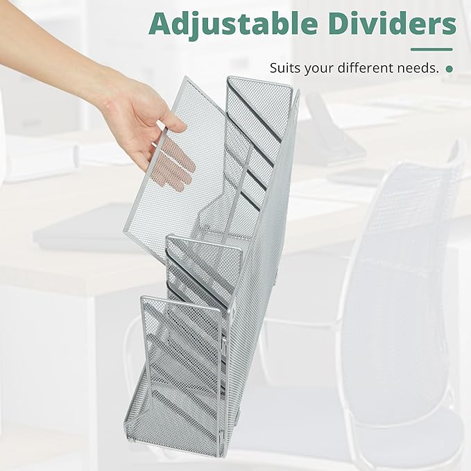 File Organizer Wall Mounted 4 Tiers Durable Adjustable Metal Vertical Hanging With 4 Pen Slots Stable R-shaped Bottom 4 Pull-out Devider to Sort File, Mail, Newspaper,Pen, Suitable for Office, Silver