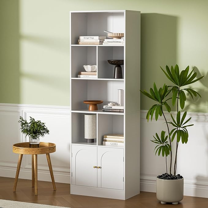 71" Tall Bookshelf with 6 Cubes and 2 Doors, 4-Tier Bookshelf, Open Shelf Bookcase with Cabinet, Modern Cube Storage Organizer for Living Room, and Office, White