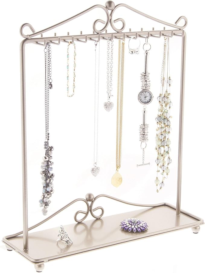 Angelynn's Sturdy Long Necklace Holder Organizer Tall Tabletop Pendant Display Stand, Freestanding Large Capacity Jewelry Tree, Calla Satin Nickel Silver 13 1/2" Wide x 15 3/4" Tall