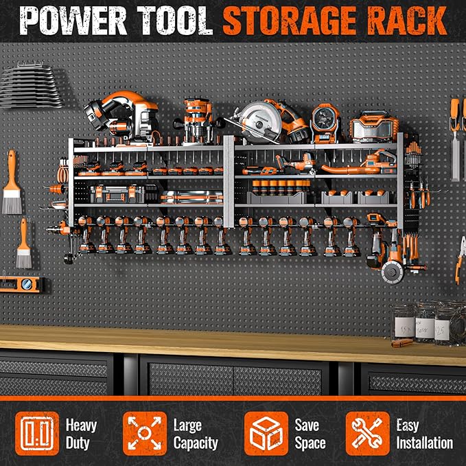 66" W Super Large Power Tool Organizer Wall Mount,Heavy Duty Cordless Tool Organizer with 18 Drill Holder,600 Lbs Capacity 4-Layer Garage Organization for Garage and Workshop (Black)
