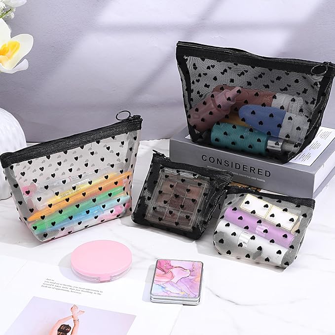 4 PCS Heart Printed Mesh Makeup Bag Set, White & Black Mesh Makeup Bag with Zipper Lipstick Accessories Organizer Mini Travel Organizer Bags for Women(2 Small 2 Medium)
