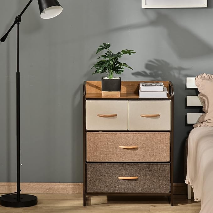 HOMCOM 4-Drawer Dresser, Fabric Chest of Drawers, 3-Tier Storage Tower with Steel Frame and Wooden Top for Bedroom, Nursery Room, Multicoloured