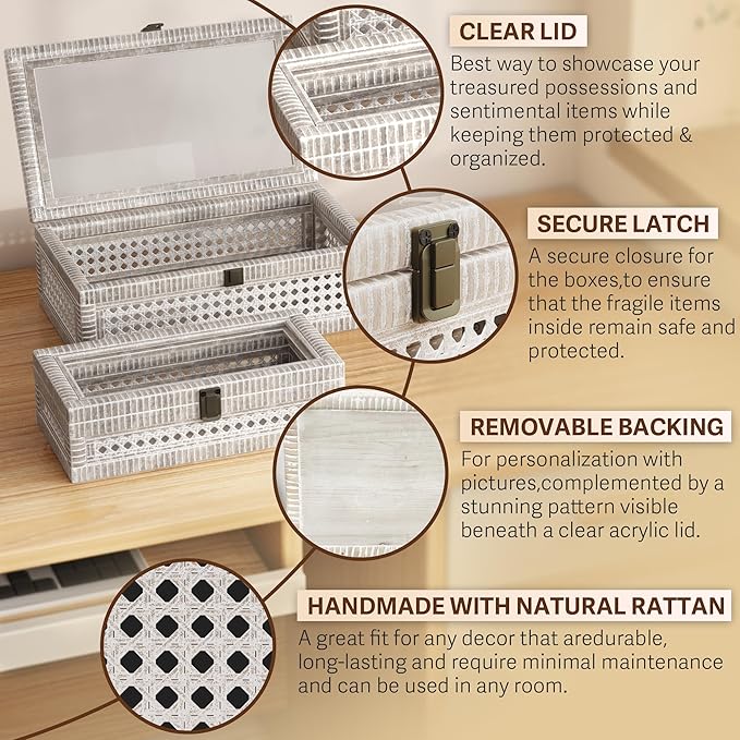 Rattan Decorative Box,Boho Display Boxes with Lids,Set of 2 Rectangular Wicker Storage Decoration,Natural Woven Cane Bins for Home Decor for Rustic Farmhouse(White)