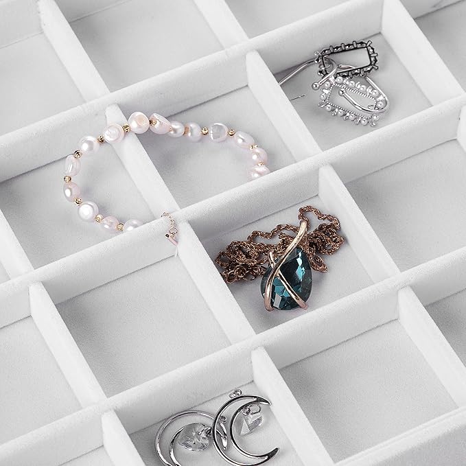 Frebeauty Velvet Jewelry Tray,35 Grid Jewelry Organizer with Clear Lid,Earring Holder Organizer Case with Clasp,Drawer Insert for Rings Studs,13.8 x 9.5 x 2 Inches,Gift for Women Girls(White)