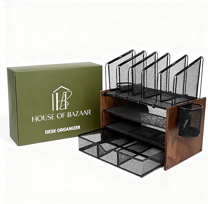 4-Tier Wood & Metal Desk Organizer – Vertical File Tray, Pen Holder & Drawer | Desktop Organizer for Home Office Supplies, Folders, Notebooks & Documents | Space-Saving Mesh Office Organizer