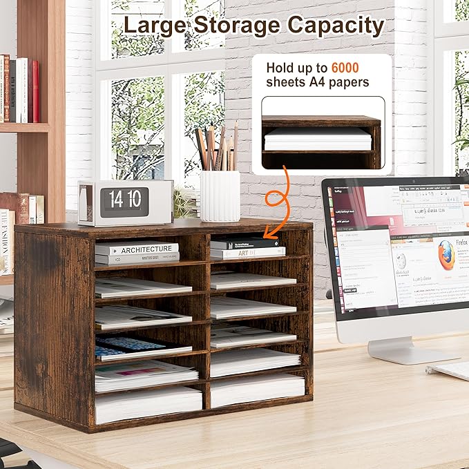 Literature Organizer 12 Slots Wooden Mailboxes for Classroom Office Mail Organizer Countertop Vertical File Sorter with Adjustable Shelves Heavy Duty Office Mailbox Cubbies, Rustic Brown