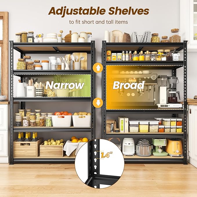 5-Tier Storage Shelves, 1980LBS Adjustable Pantry Shelves, Metal Shelving Unit for Storage, Kitchen, Pantry, Closet, Laundry, Garage, 72.06" H x 35.55" W x 15.76" D
