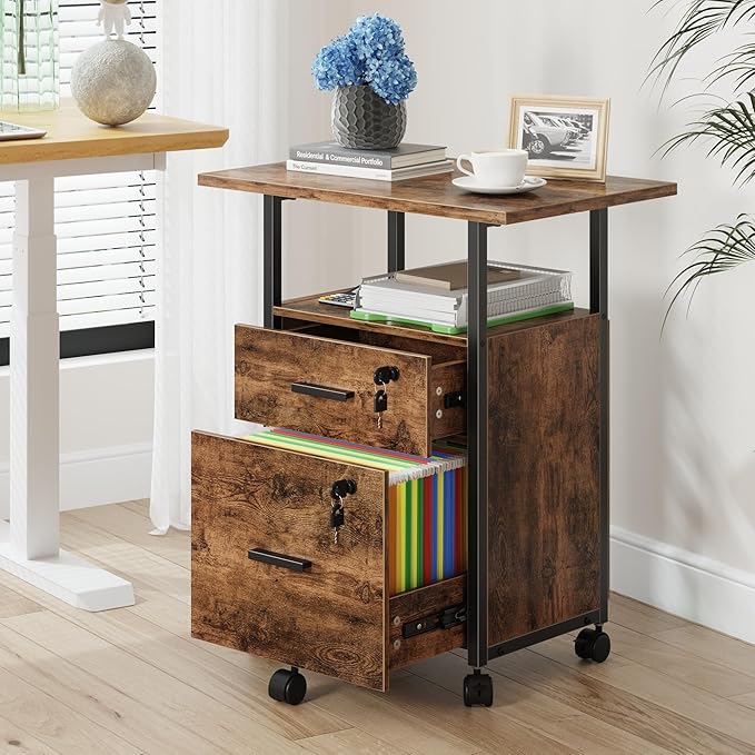 GYIIYUO 2 Wood Drawer Lockable File Cabinet with 22'' Extended Desktop, Mobile Filing Cabinet with Side Bag, Rolling Printer Stand, Fits A4&Letter Size, Home Office, Rustic Brown