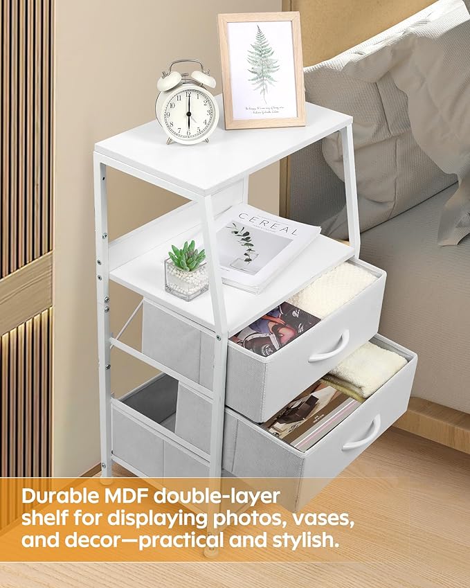 Dresser for Bedroom, Fabric Nightstand Tall Dresser & Chests of Drawers with 3 Drawers, Vertical Organizer Storage Tower Unit for Bedroom, Hallway, Entryway White