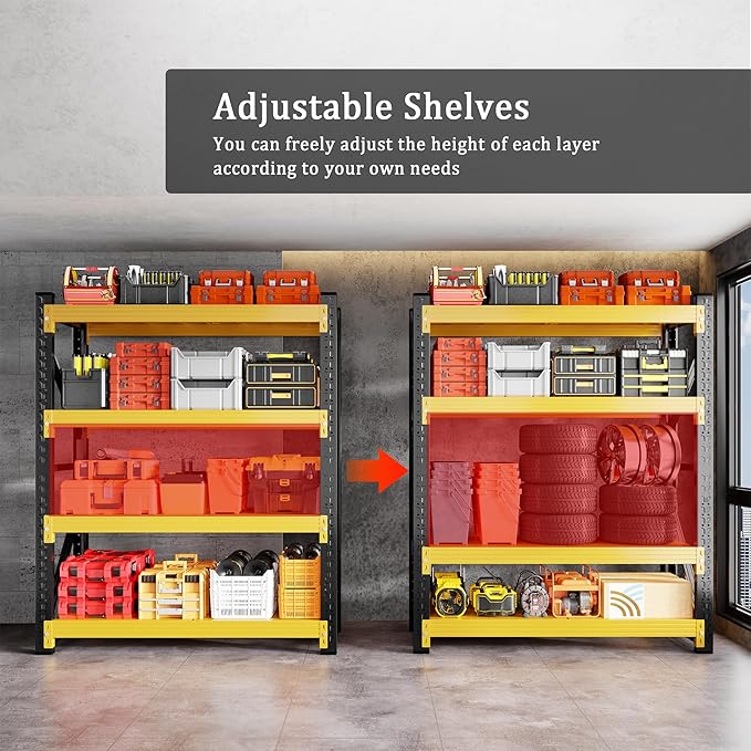 5000LBS Heavy Duty Garage Shelving 59" W Garage Storage Shelves 4-Tier Metal Adjustable Shelf Unit Storage Rack for Basement Supermarket Warehouse 59" W x 24" D x 78" H Yellow
