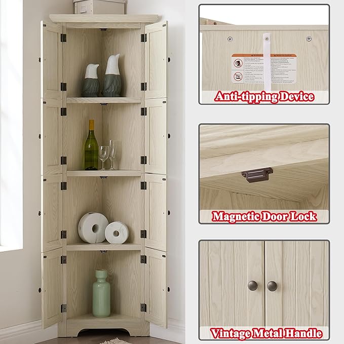 72" H Farmhouse Corner Storage Cabinet with 8 Doors & 4 Shelves, 4 Tier Kitchen Corner Pantry Cabinet Wooden Organizer Case Bookshelf, Home Space Saver Cabinet for Kitchen,Living Room(White)