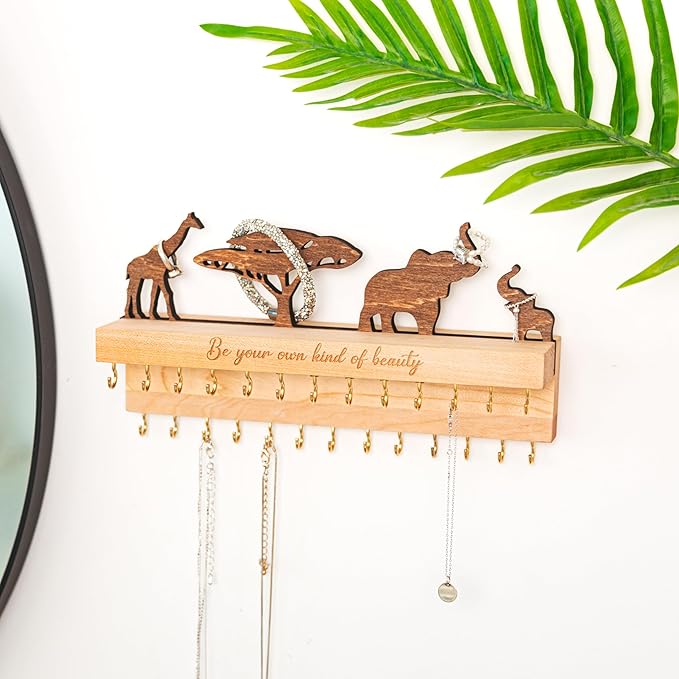Wooden Jewelry Organizer for Women, Wall Mounted Necklace & Earring Holder with Decor, Personalized Gift Idea for Girlfriend, Anniversary, or Vanity Storage