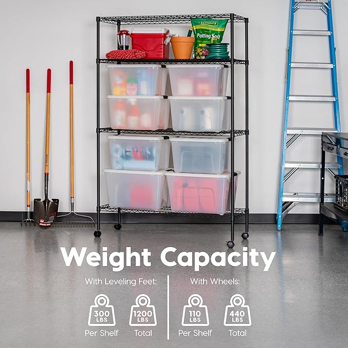 IRIS USA, Inc. 4-Tier Adjustable Heavy Duty Steel Storage Rack with Removable Locking Casters (Up to 1200 lbs Loading Capacity), Wire Organization Unit with Metal Shelves, Black (48"L x 18"W x 73.5"H)
