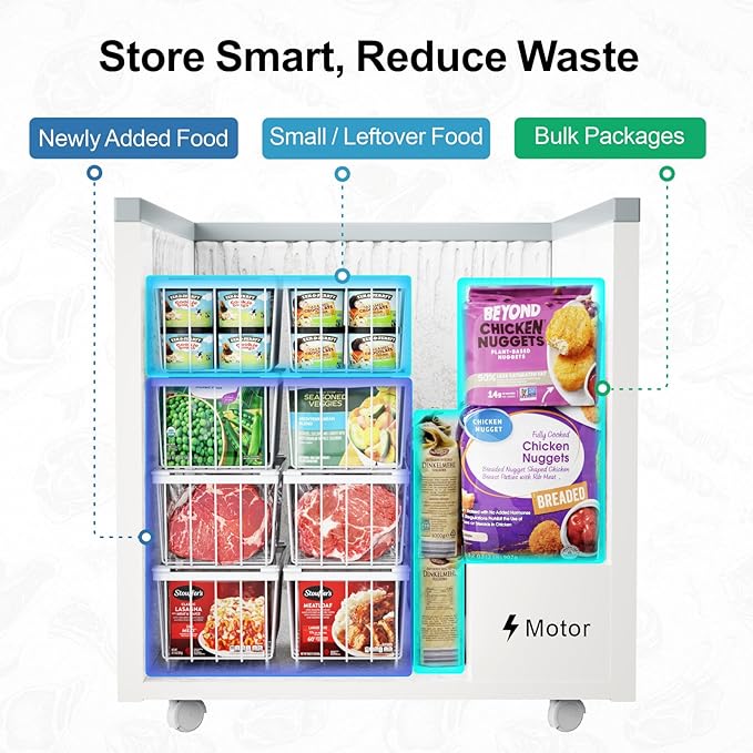 iSPECLE Deep Freezer Organizer Bins - 4 Pack Stackable Small Freezer Organizer Bins for 5 to 7 Cu.FT Small Chest Freezer Sort Frozen Food Easy to Get Food from Bottom without Digging in Freezer, White