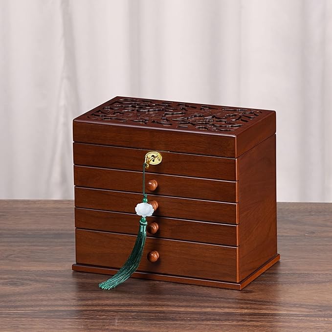 Vintage Wooden Jewelry Box with Dual Key Lock, Carved Top, Necklace Hooks – Antique Jewelry Organizer for Dresser Tabletop, Jewelry Storage Boxes for Women
