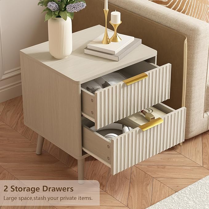 CARPETNAL Fluted Nightstand, Beige Bedside Table with 2 Drawers and Gold Handles, Wood End Table Mid Century Night Stands for Bedroom Living Room