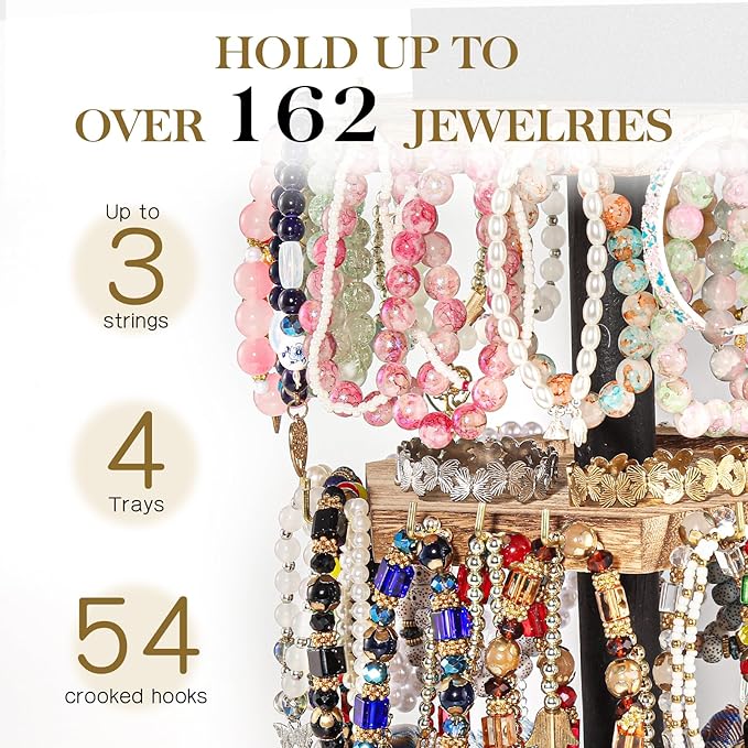 LadyRosian 3-Tier Wooden Rotating Jewelry Display Stand | Bracelet & Keychain Organizer with Advertising Board | 54 Hooks Rustic Holder for Vendor Booth & Stores (3-Tier Round Hexagon)