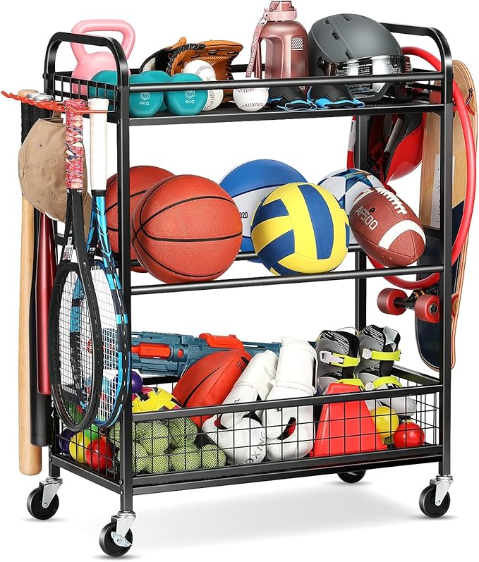 Ball Storage Sports Equipment Organizer - Garage Storage Cart Rolling Ball Storage Rack with Hooks Wheels Outdoor Indoor Gym Gear Toy Holder Bin for Basketball, Baseball, Soccer