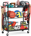 Ball Storage Sports Equipment Organizer - Garage Storage Cart Rolling Ball Storage Rack with Hooks Wheels Outdoor Indoor Gym Gear Toy Holder Bin for Basketball, Baseball, Soccer